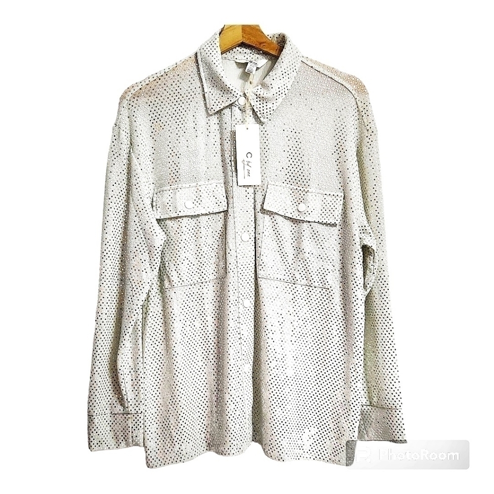 C BY One Womens  Sparkly Metallic Sequin  Button Down Shirts